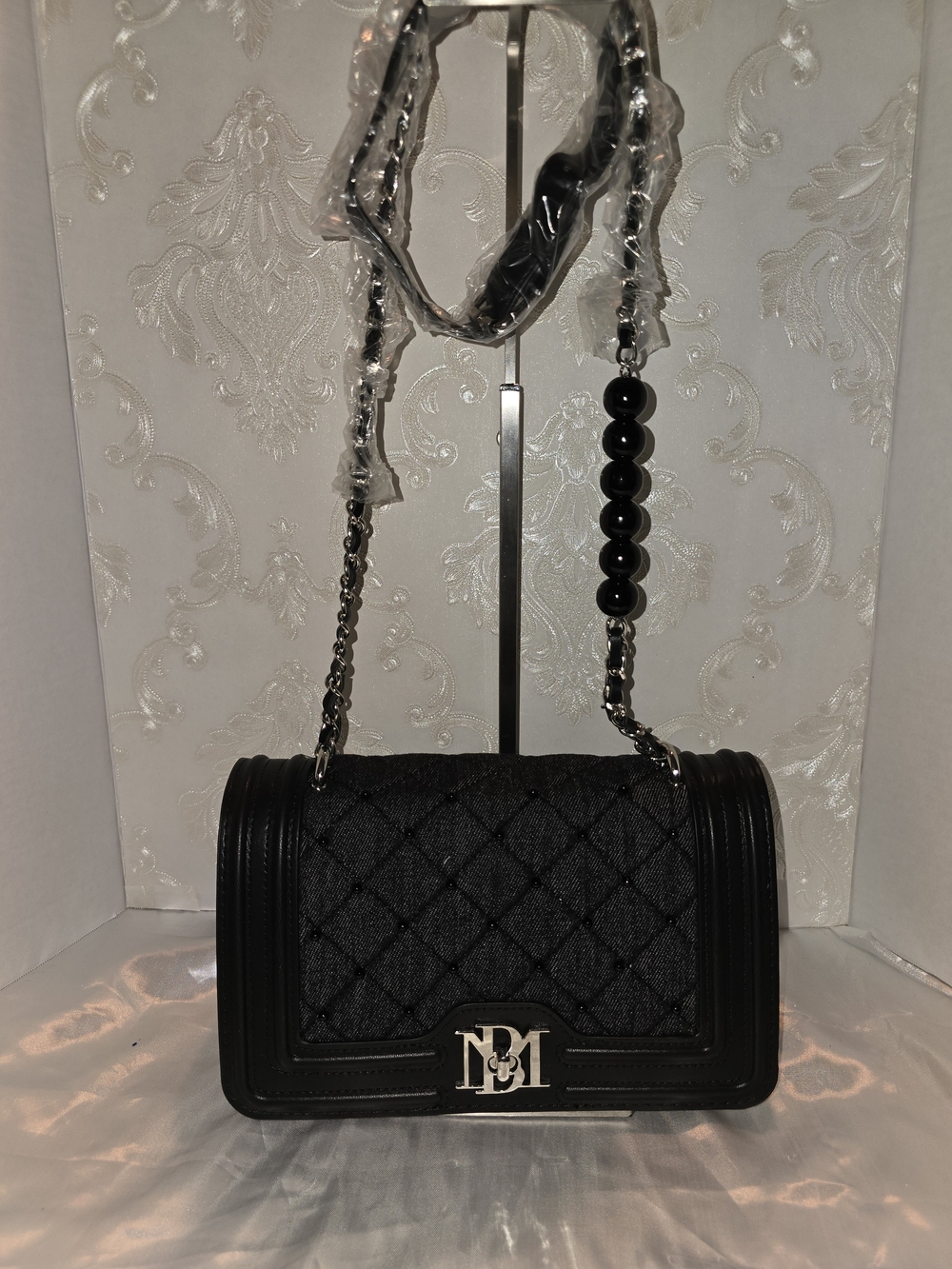 BADGLEY MISCHKA BLACK DENIM Quilted  Shoulder Bag with Chain Strap